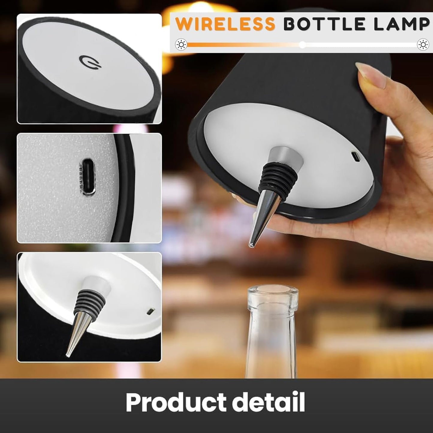 Wireless Bottle Lamp, 3 LED Color Stepless Dimming Wireless Wine Bottle Lamp