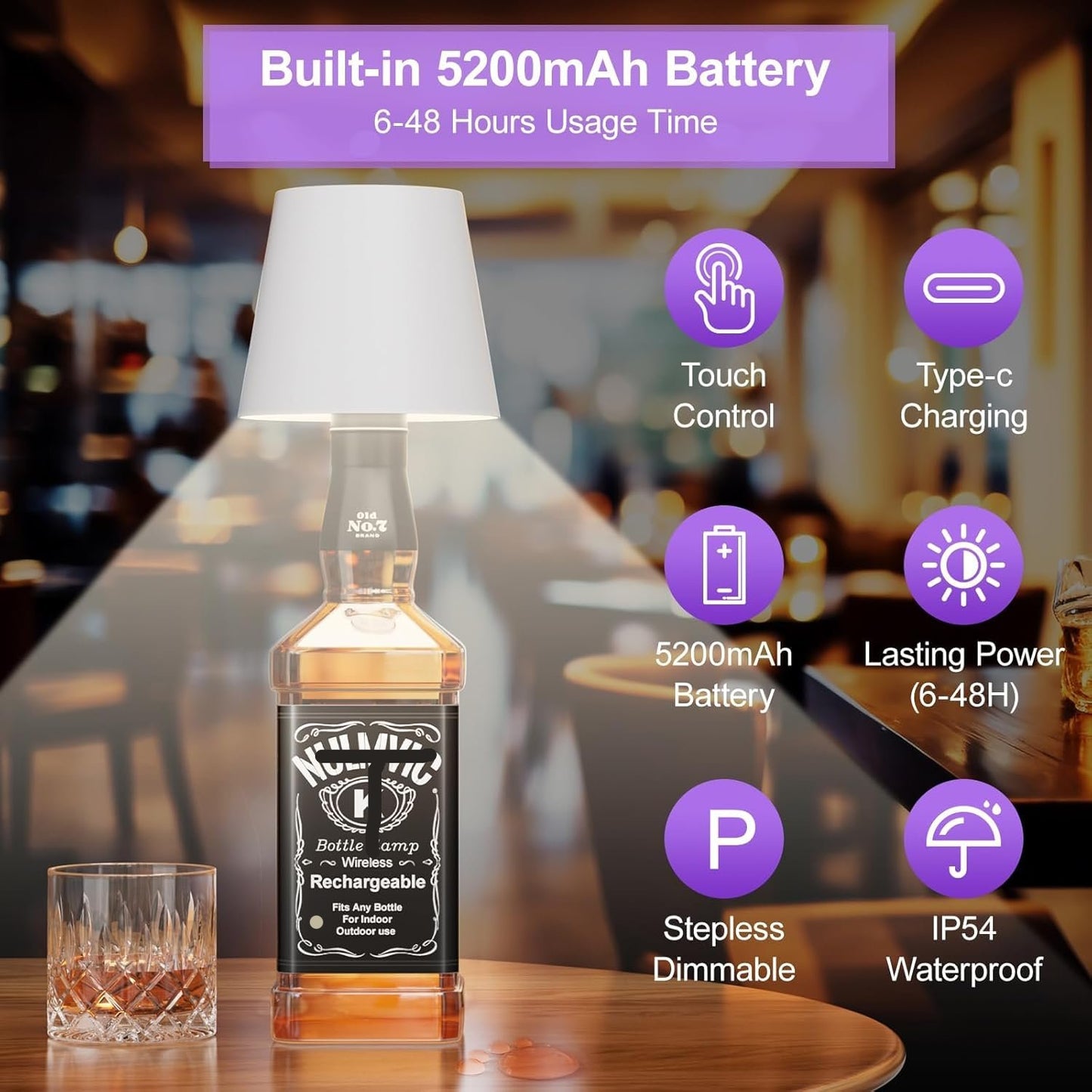 Wireless Bottle Lamp, 3 LED Color Stepless Dimming Wireless Wine Bottle Lamp